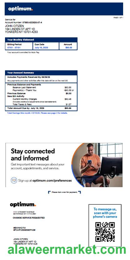 USA Optimum utility bill template in Word and PDF formats, version 2